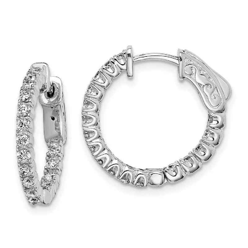 Pearlized stone earrings-Curata 925 Sterling Silver Hinged Polished Safety clasp Rhodium plated CZ Cubic Zirconia Simulated Diamond Round Hoop Earrings J