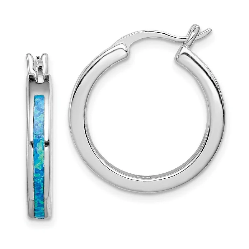 Textured earrings-Curata 925 Sterling Silver Polished Created Blue Simulated Opal Inlay Hoop Earrings 23x4mm