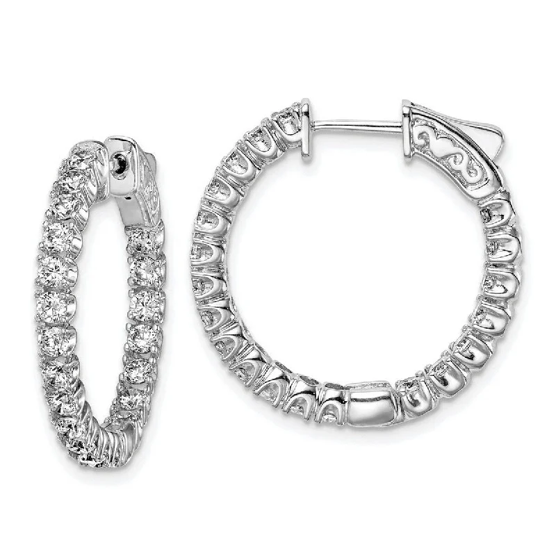 Chipped edge earrings-Curata 925 Sterling Silver Polished Hinged hoop Safety clasp Rhodium plated CZ Cubic Zirconia Simulated Diamond Round Hoop Earri