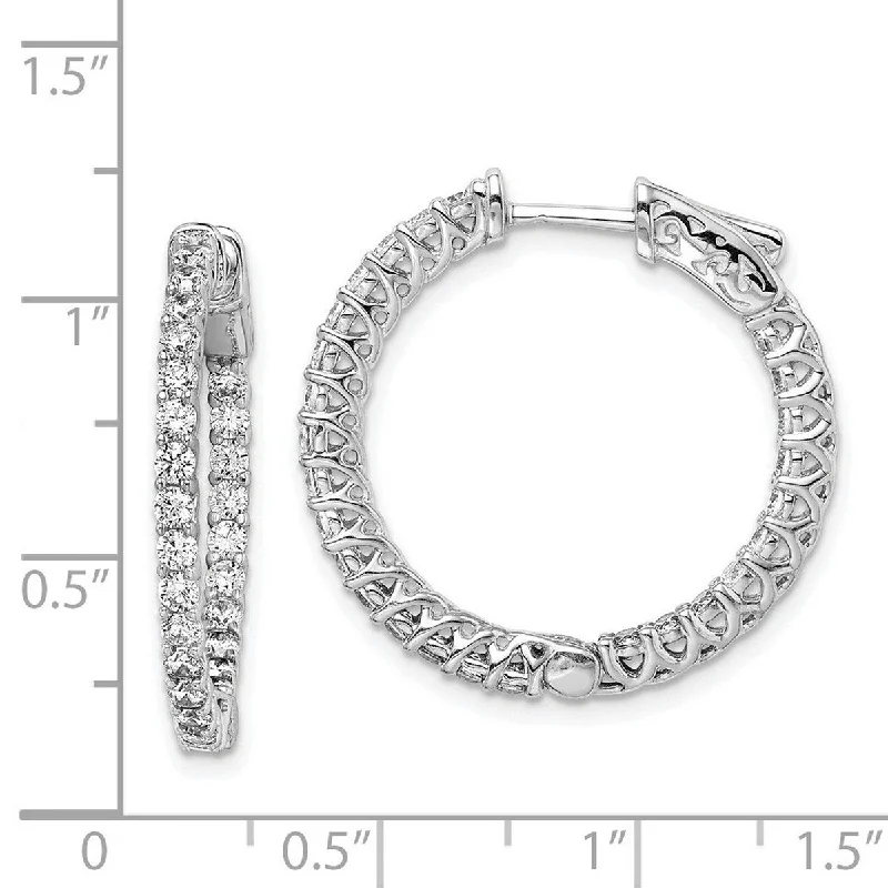 Embossed gem earrings-Curata 925 Sterling Silver Polished Prong set Hinged hoop Safety clasp Rhodium plated CZ Cubic Zirconia Simulated Diamond Round