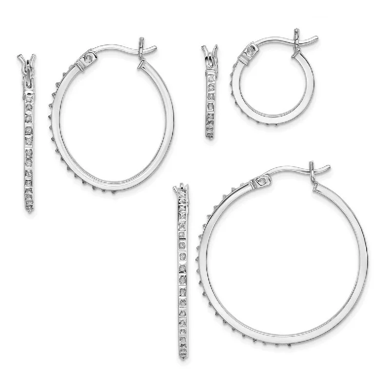 Clasped stone earrings-Curata Sterling Silver Diamond Accent Round Hinged Hoop Three Earrings Set (1mmx10-30mm)