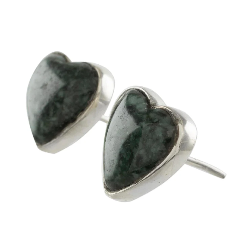 Ripple-wave earrings-Dark Green Jade Heart Earrings, 'Love Sacred' (Guatemala) - 0.4L*0.4W