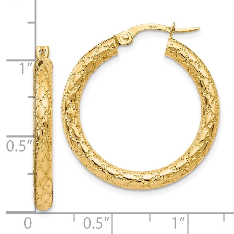 Clean-cut earrings-Diamond2Deal 10k Yellow Gold Polished and Textured Hinged Hoop Earrings (L-26mm, W-12mm)