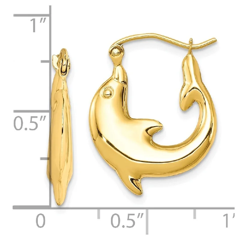 Fin motif earrings-Diamond2Deal 10k Yellow Gold Polished Dolphin Hoop Earrings (L-21.97mm, W-17mm)