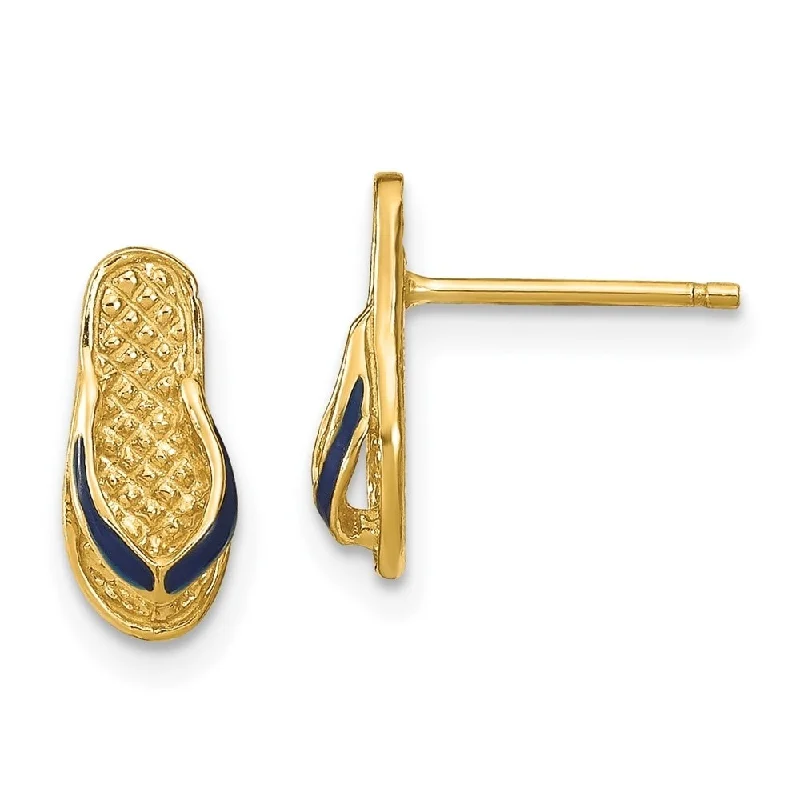 Solid pave earrings-Diamond2Deal 14K Yellow Gold Blue Enamel Single Flip-Flop Stud Earrings (L- 11.8 mm)