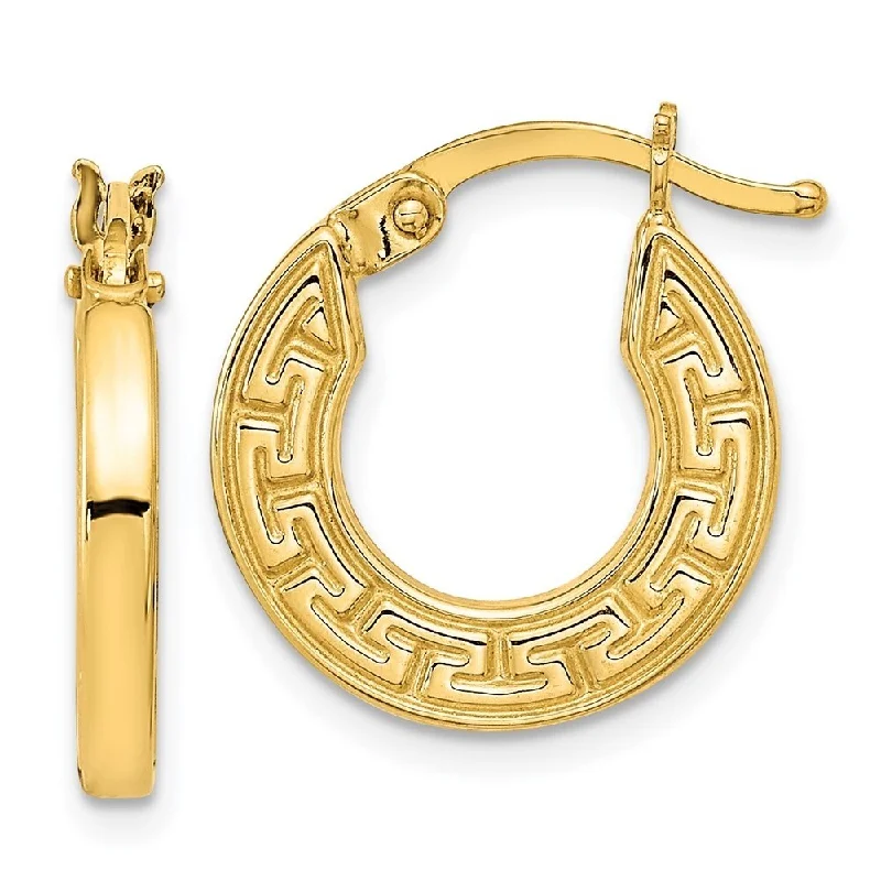 Faded silver earrings-Diamond2Deal 14k Yellow Gold Polished Hollow Greek Key Hoop Earrings (L-16.38mm, W-14.32mm)