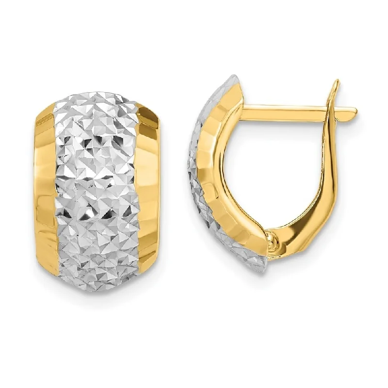 Bright topaz earrings-Diamond2Deal 14k Yellow Gold with White Rhodium Diamond-cut Hinged Hoop Earrings (L-14.92mm, W-11.26mm)