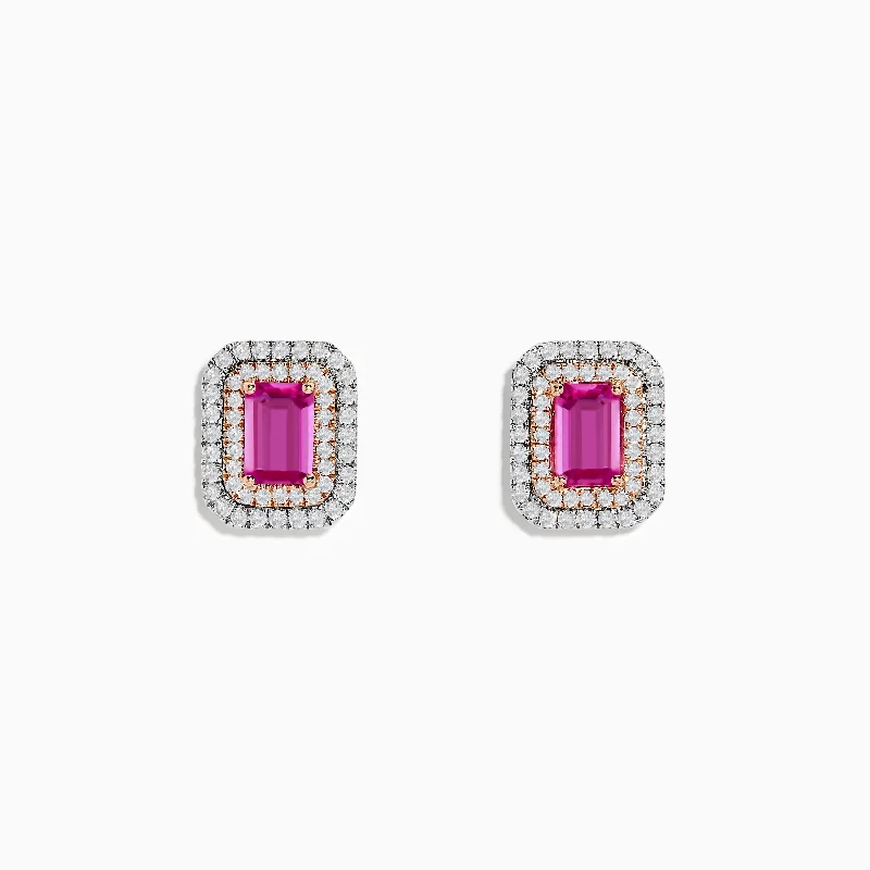 Brushed-edge earrings-14K Two Tone Gold Pink Sapphire and Diamond Earrings