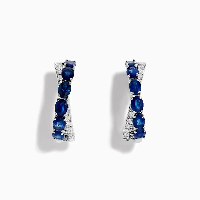 Chipped edge earrings-Royale Bleu 14K White Gold Blue Sapphire and Diamond Hoop Earrings