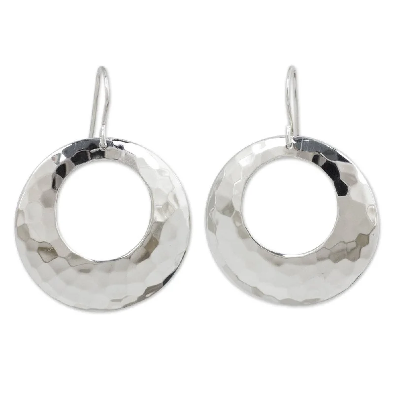 Mottled stone earrings-Handmade Halo Hammered Sterling Silver Contemporary Dangle Earrings (Thailand)