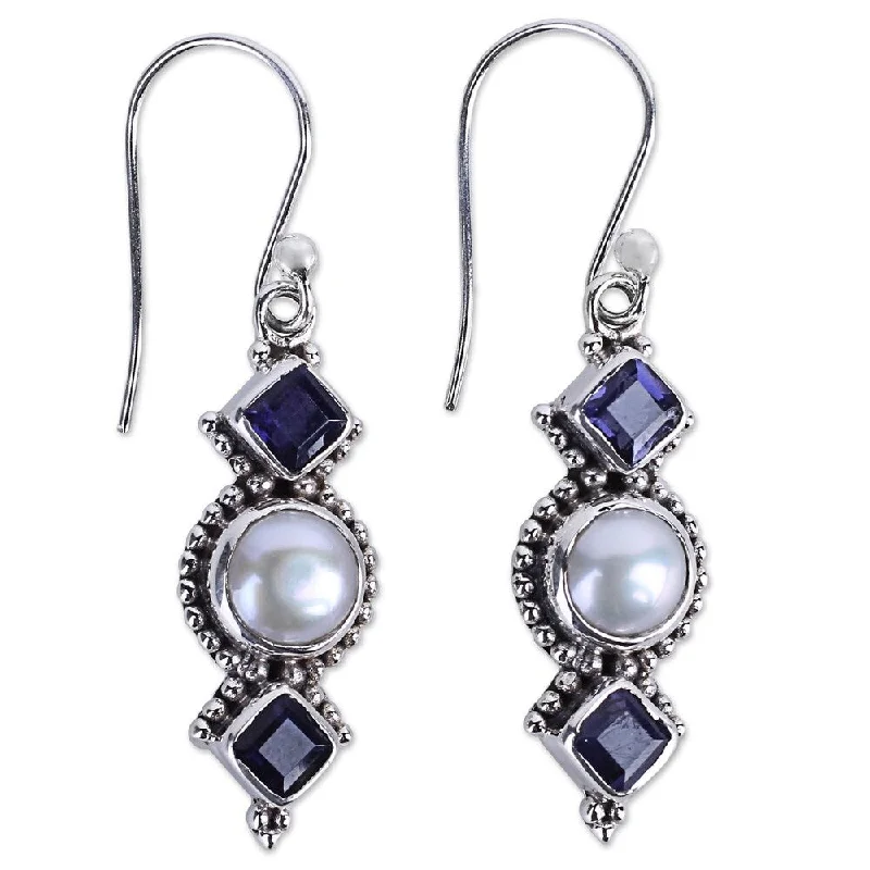 Open-sun earrings-Handmade Lunar Allure Cultured Pearl Iolite Earrings (India) - 1.7*0.4