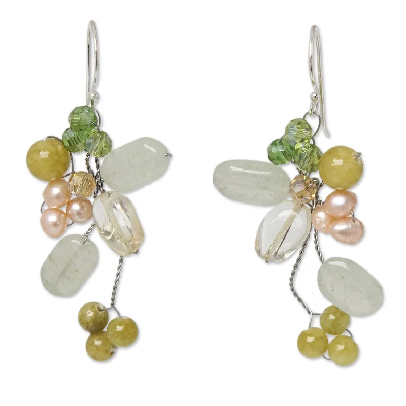 Diverse stone earrings-Handmade Pearl 'Lemon Bouquet' Multi-gemstone Earrings (3.5-4 mm) (Thailand)