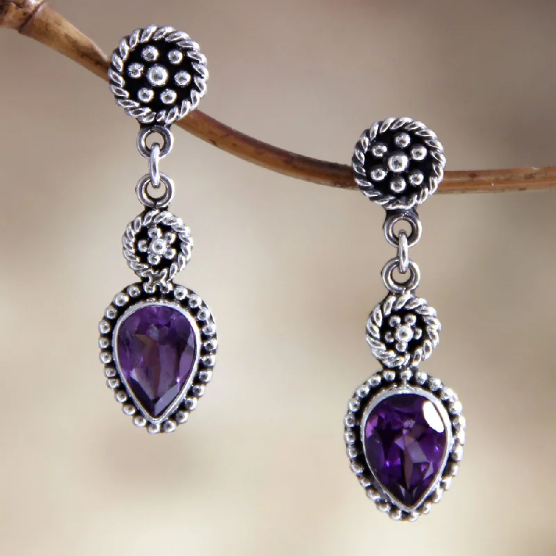 Pearlized opal earrings-Handmade Sterling Silver 'Balinese Jackfruit' Amethyst Earrings (Indonesia)