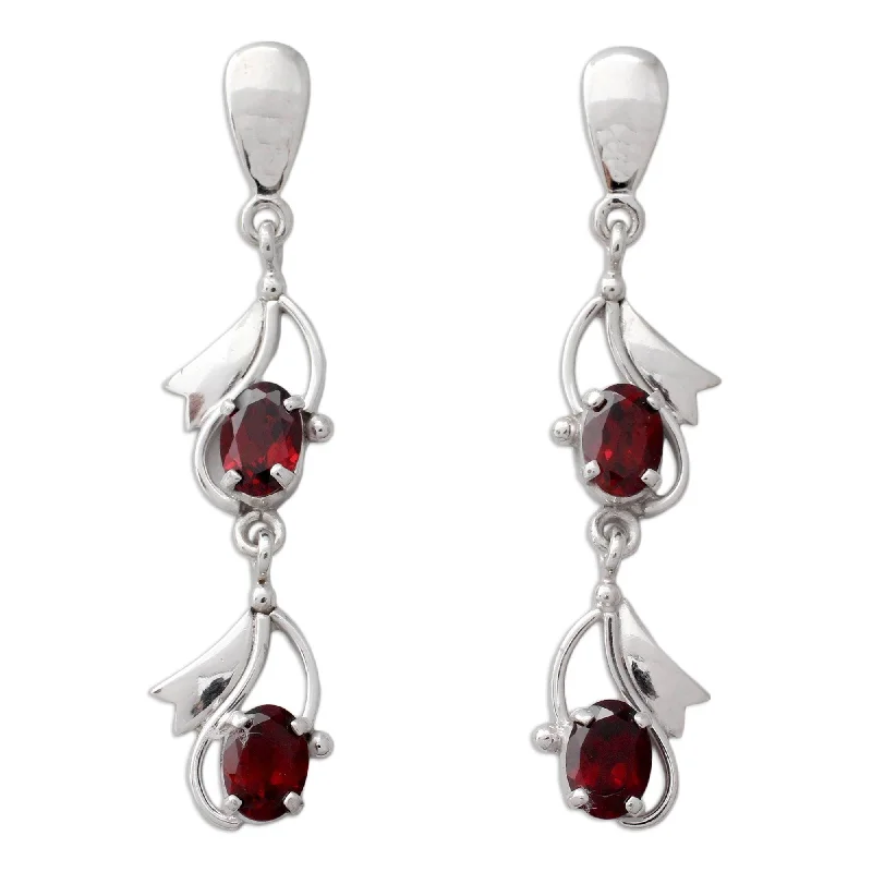 Crest motif earrings-Handmade Sterling Silver 'Buds of Passion' Garnet Earrings (India) - 8'3" x 11'