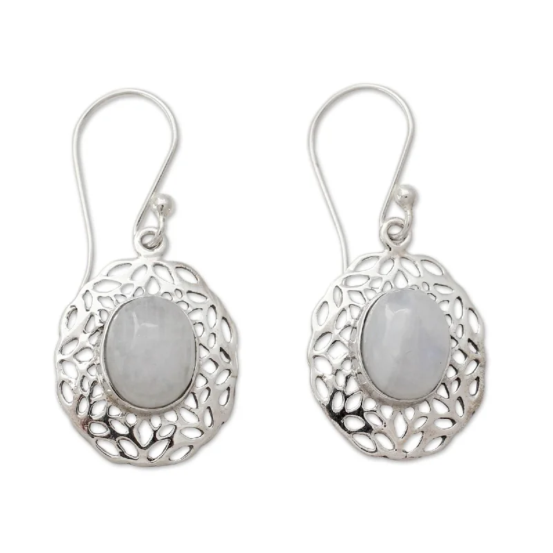 Nonagon stud earrings-Handmade Sterling Silver 'Delhi Dewdrop' Rainbow Moonstone Earrings(India)