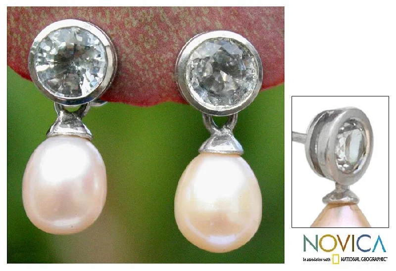 Flecked enamel earrings-Handmade Sterling Silver 'Halo' Pearl and Topaz Earrings (8-8.5 mm) (Thailand) - 0.8" L x 0.3" W x 0.8" D