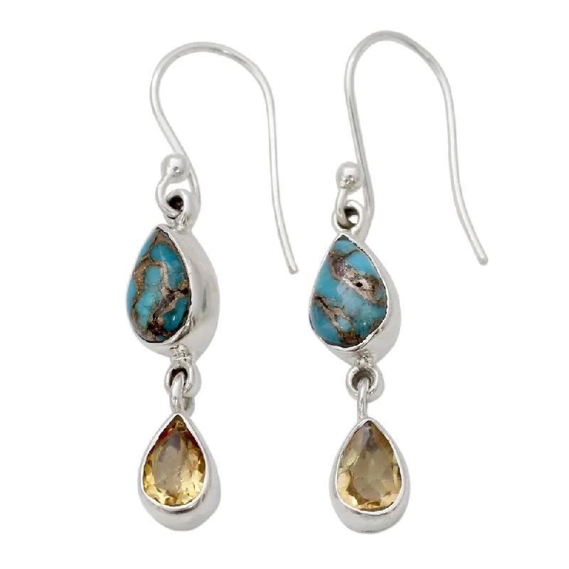 Pearlized stone earrings-Handmade Sterling Silver 'Heavenly Light' Citrine Turquoise Earrings (India)