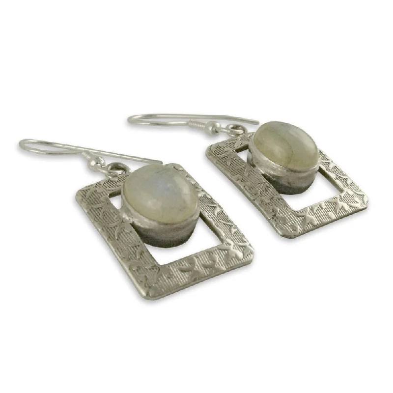 Sweeping bar earrings-Handmade Sterling Silver Hypnotic Intuition Moonstone Earrings (India)