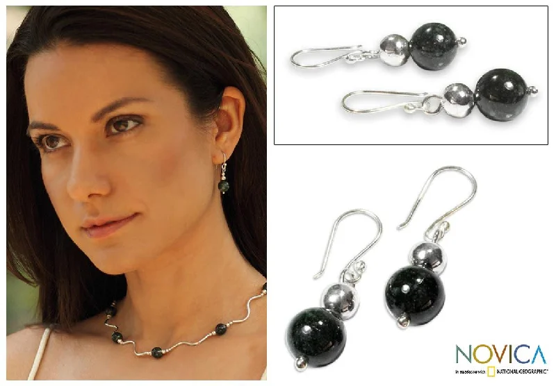 Flat cabochon earrings-Handmade Sterling Silver 'Jaguar Moon' Jade Earrings (Guatemala)