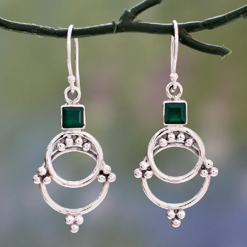 Vine-twist earrings-Handmade Sterling Silver 'Jaipur Magic' Green Onyx Earrings (India) - 1.8L*0.8W