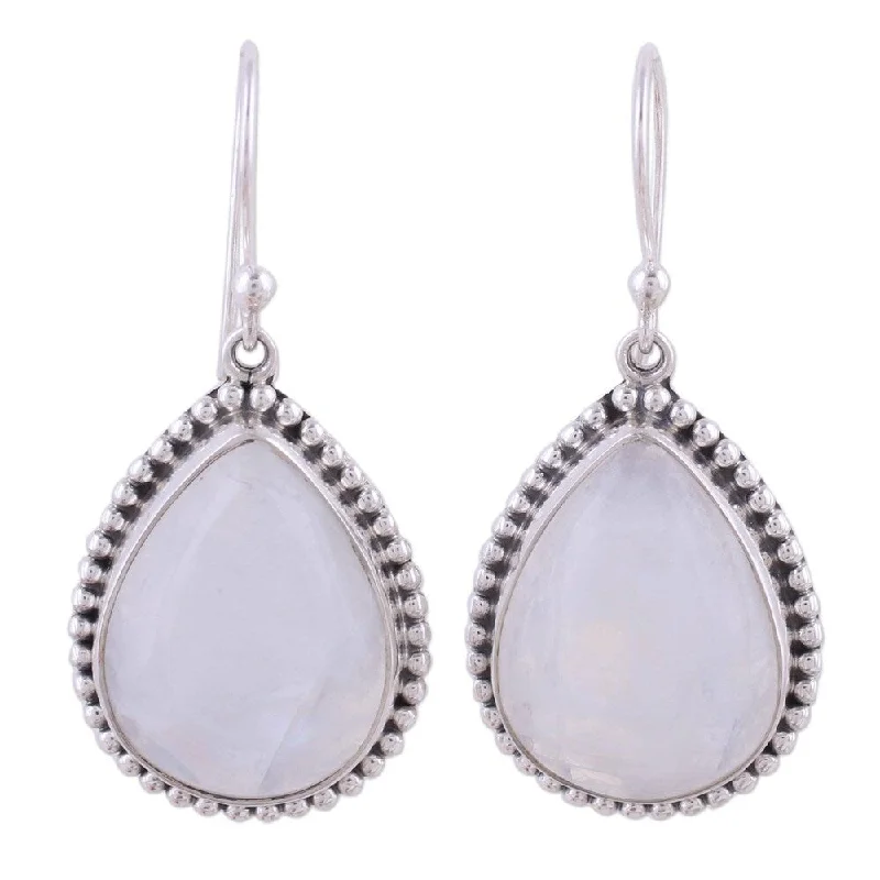 Pearlized stone earrings-Handmade Sterling Silver 'Mystical Charm' Rainbow Moonstone Earrings (India) - 1.6*0.7