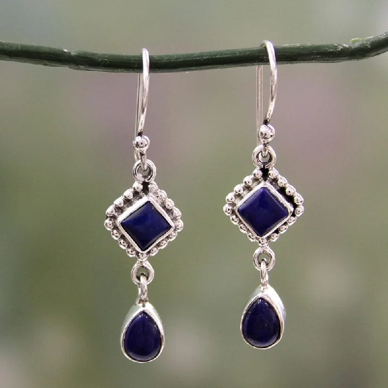 Blocked hoop earrings-Handmade Sterling Silver Queen of Diamonds Lapis Lazuli Dangling Earrings (India)