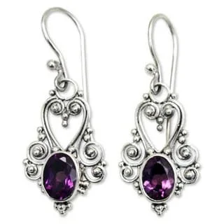 Infinite weave earrings-Handmade Sterling Silver 'Queen of Hearts' Amethyst Dangle Earrings (Indonesia)