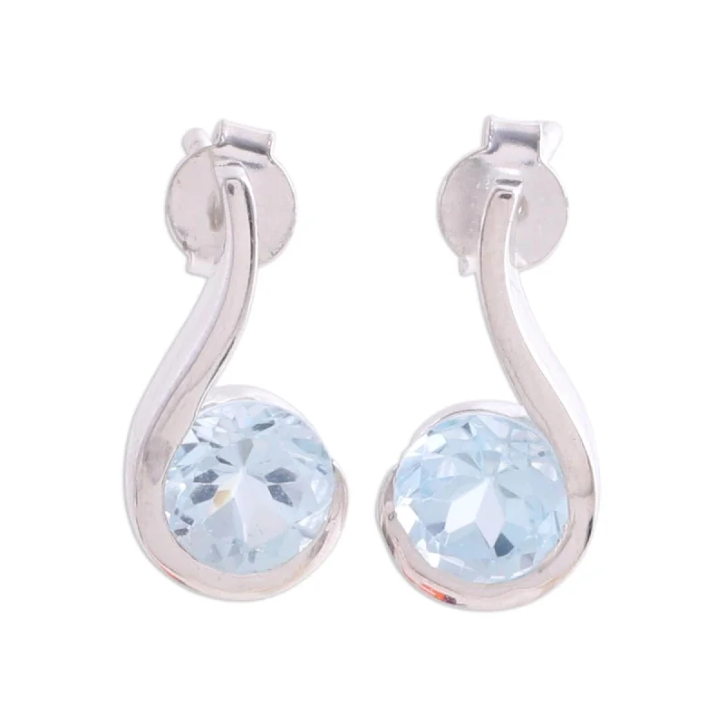 Suspended gem earrings-Handmade Sterling Silver Sky Droplet Blue Topaz Dangle Earrings (India)