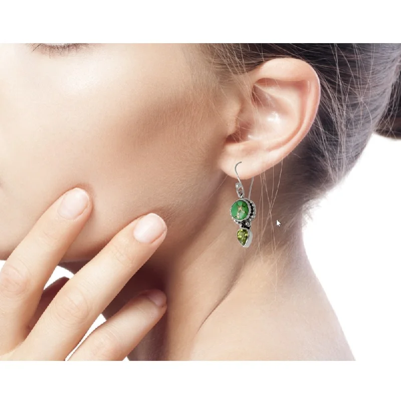 Sun-cut earrings-Handmade Sterling Silver Spring Green Peridot and Composite Turquoise Earrings (India) - 1.6*0.5