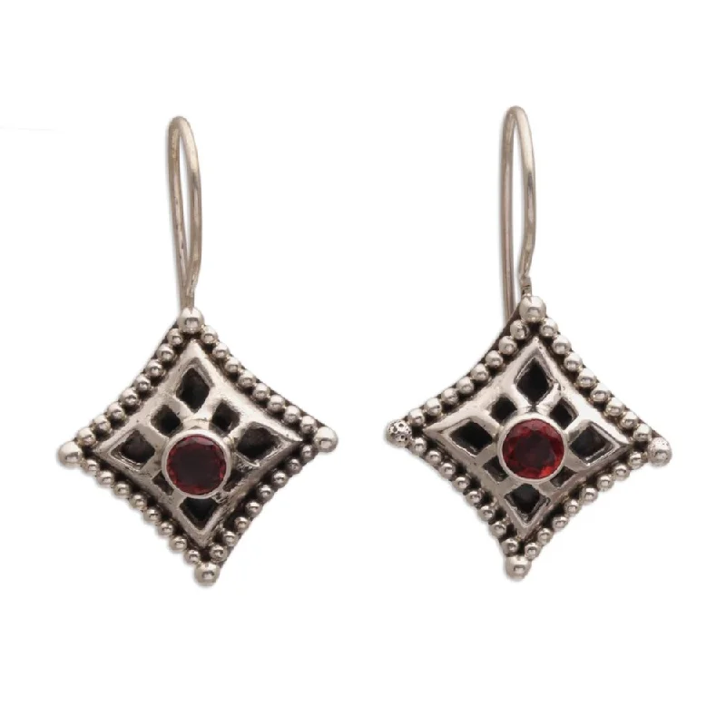 Shimmering silver earrings-Handmade Sterling Silver 'Temple Window' Garnet Earrings (Indonesia) - 1.3L*0.8W