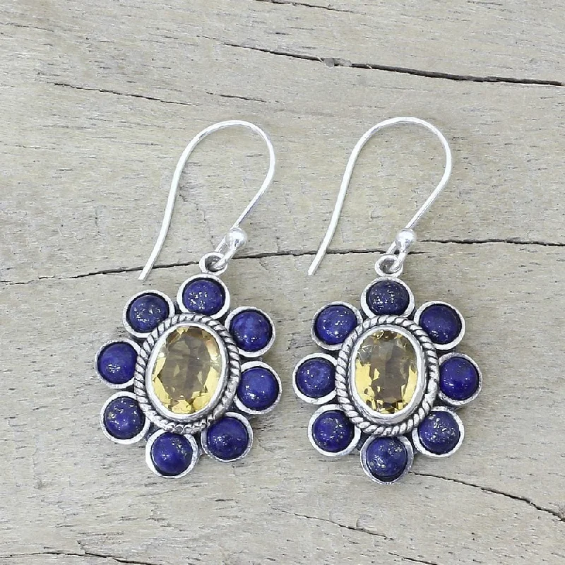 Angled design earrings-Handmade Sunny Blue Sterling Silver Lapiz Lazuli Citrine Earrings (India) - 1.4*0.7