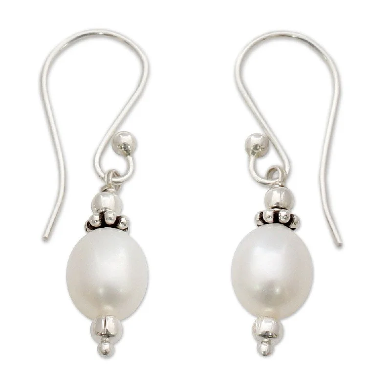 Tight coil earrings-Handmade White Freshwater Pearl Earrings (India)