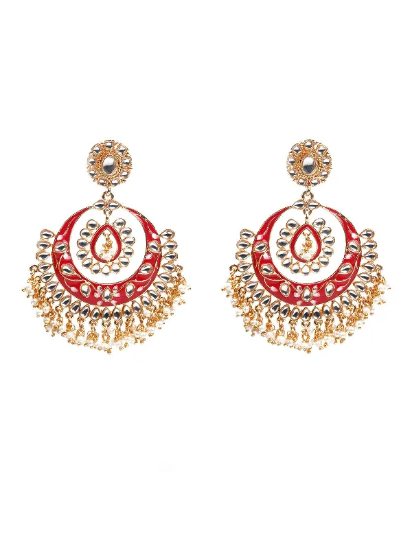 Shimmering silver earrings-Odette Women Kundan Studded Meenakari Chandbali Earrings