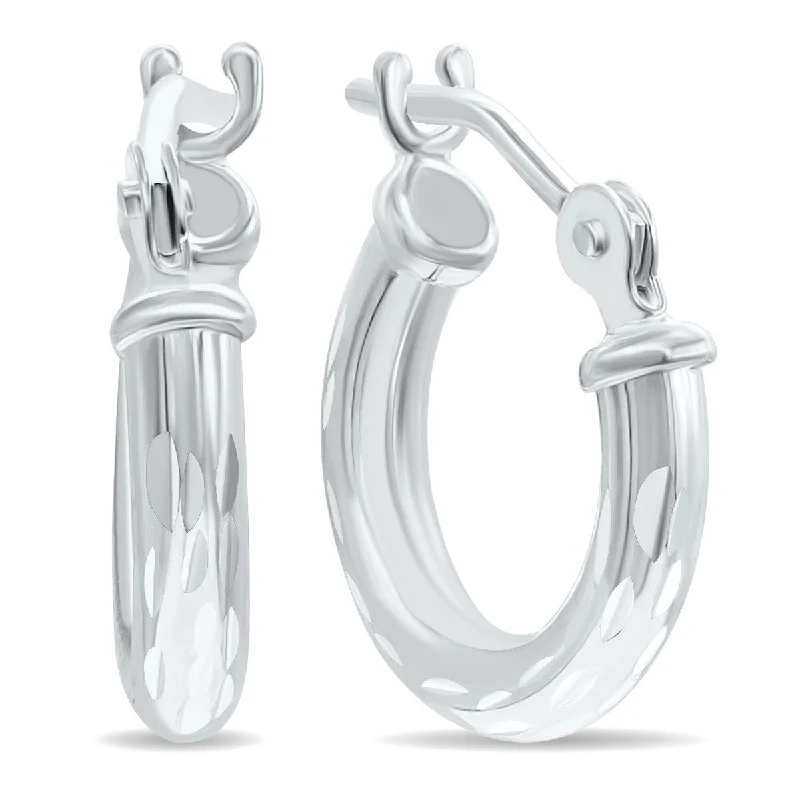 Sweeping bar earrings-Marquee Jewels 10K White Gold Shiny Diamond Cut Engraved Hoop Earrings (12mm)