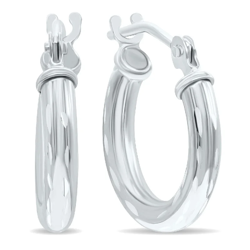 Bold gold earrings-Marquee Jewels 10K White Gold Shiny Diamond Cut Engraved Hoop Earrings (14mm)