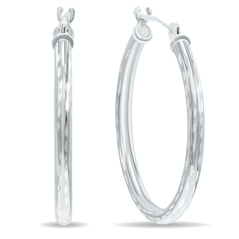 Glossy hematite earrings-Marquee Jewels 10K White Gold Shiny Diamond Cut Engraved Hoop Earrings (25mm)