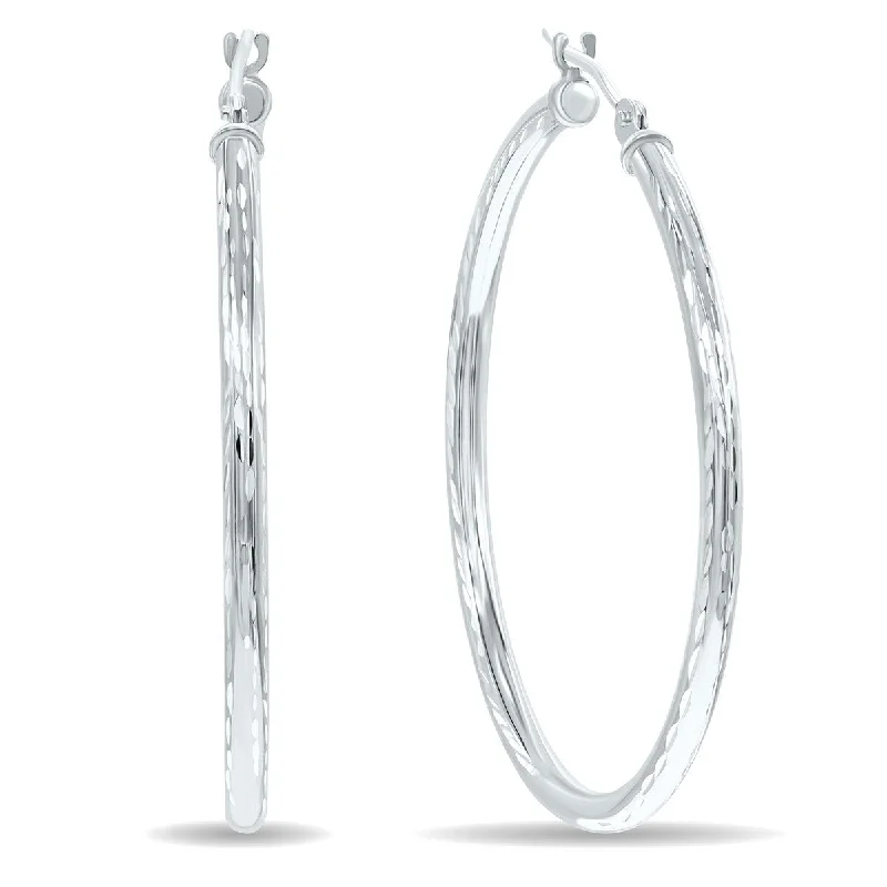 Elastic gem earrings-Marquee Jewels 10K White Gold Shiny Diamond Cut Engraved Hoop Earrings (35mm)