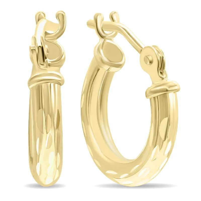 Faceted crystal earrings-Marquee Jewels 10K Yellow Gold Shiny Diamond Cut Engraved Hoop Earrings (12mm)