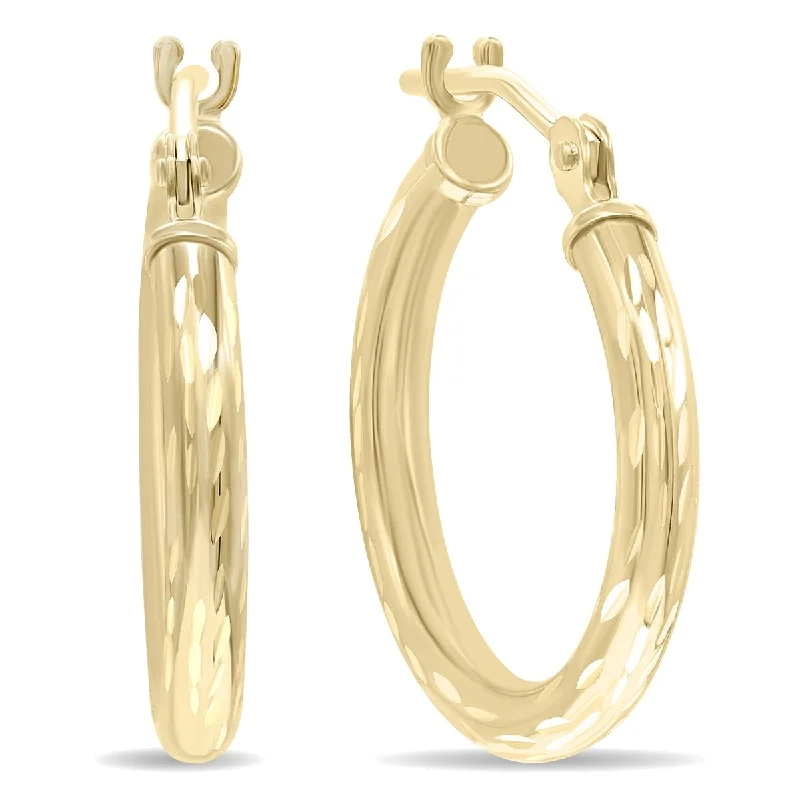 Rounded gem earrings-Marquee Jewels 10K Yellow Gold Shiny Diamond Cut Engraved Hoop Earrings (16mm)