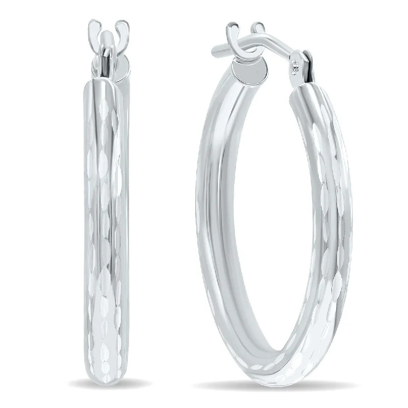 Thick gold earrings-Marquee Jewels 14K White Gold Shiny Diamond Cut Engraved Hoop Earrings (18mm)