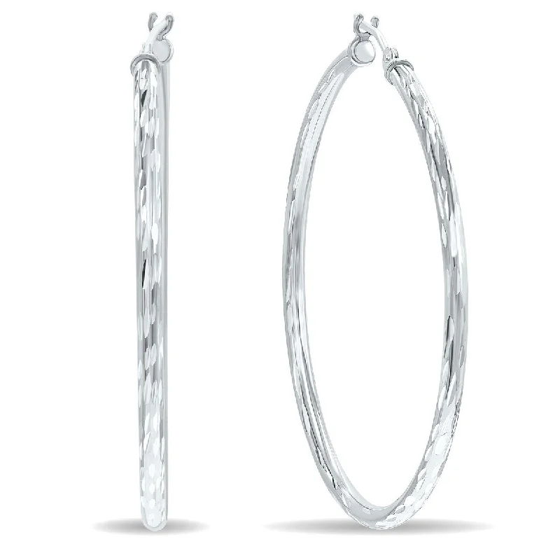 Blocked hoop earrings-Marquee Jewels 14K White Gold Shiny Diamond Cut Engraved Hoop Earrings (40mm)