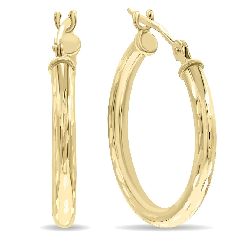 Flat cabochon earrings-Marquee Jewels 14K Yellow Gold Shiny Diamond Cut Engraved Hoop Earrings (20mm)