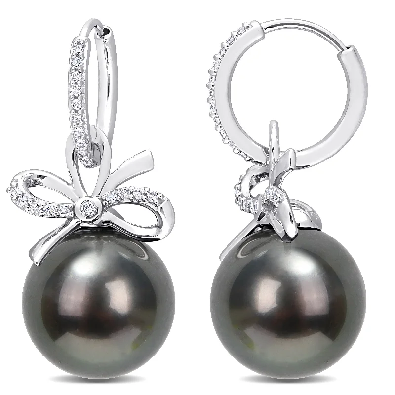 Frilled edge earrings-Miadora Black Tahitian Cultured Pearl & 1/4ct TDW Diamond Bow Hoop Earrings in 14k White Gold