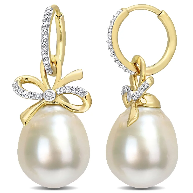 Faded finish earrings-Miadora Golden South Sea Cultured Pearl & 1/4ct TDW Diamond Bow Hoop Earrings in 14k Yellow Gold