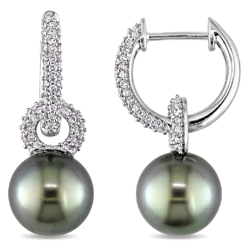 Thick gold earrings-Miadora Signature Collection 14k White Gold Black Tahitian Pearl and 1/2ct TDW Diamond Hoop Dangle Earrings (9-9.5 mm)