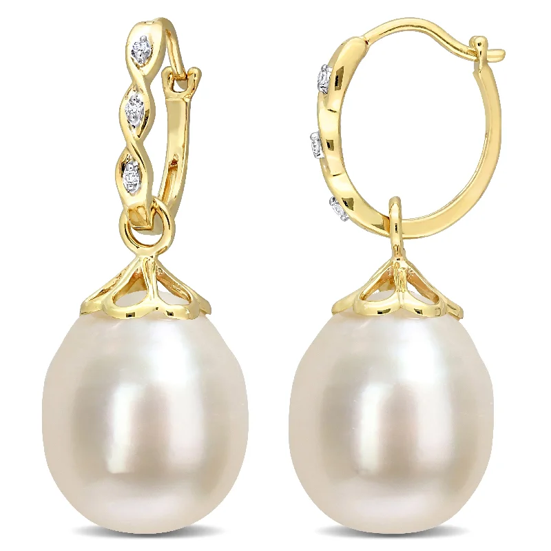 Nested gem earrings-Miadora South Sea Cultured FW Pearl & Diamond Accent Drop Hoop Earrings in 14k Yellow Gold (9-9.5mm)