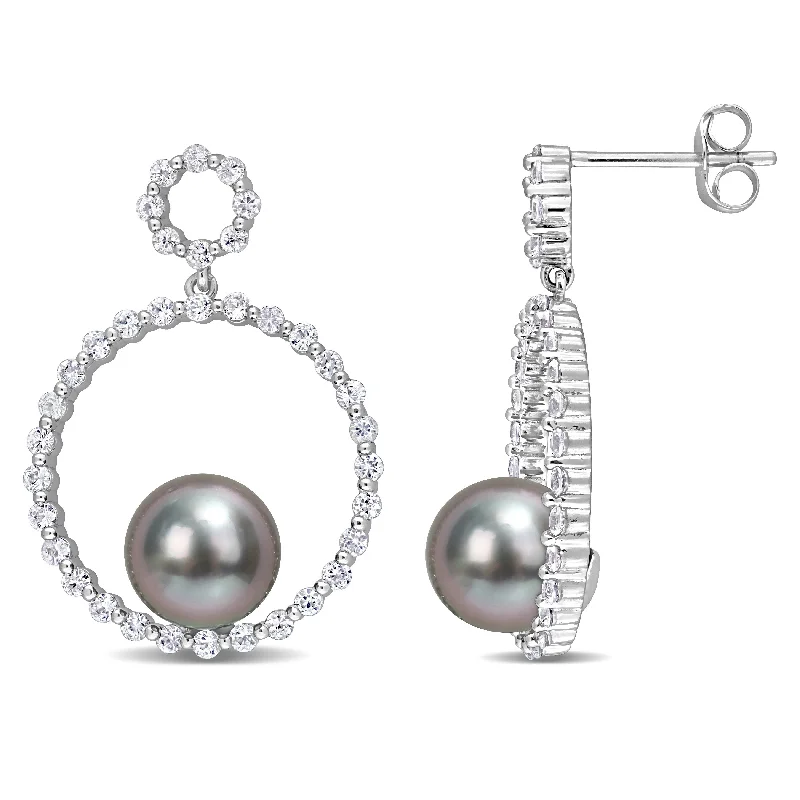 Faceted crystal earrings-Miadora Tahitian Cultured Pearl & White Sapphire Open Hoop Drop Earrings in 10k White Gold (8.5-9mm)