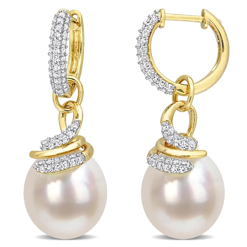 Branch cluster earrings-Miadora White South Sea Cultured Pearl and 3/5ct TDW Diamond Swirl Hoop Earrings in 14k Yellow Gold