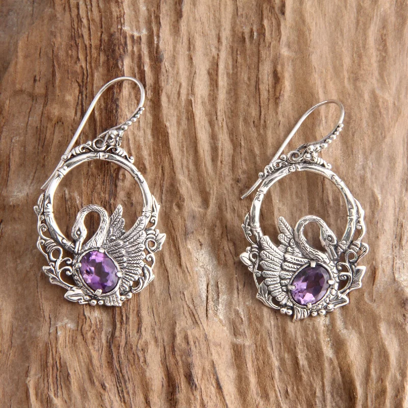 Bold moonstone earrings-NOVICA Amethyst Dangle Earrings, 'Dancing Swan' (Indonesia) - 2*1.1