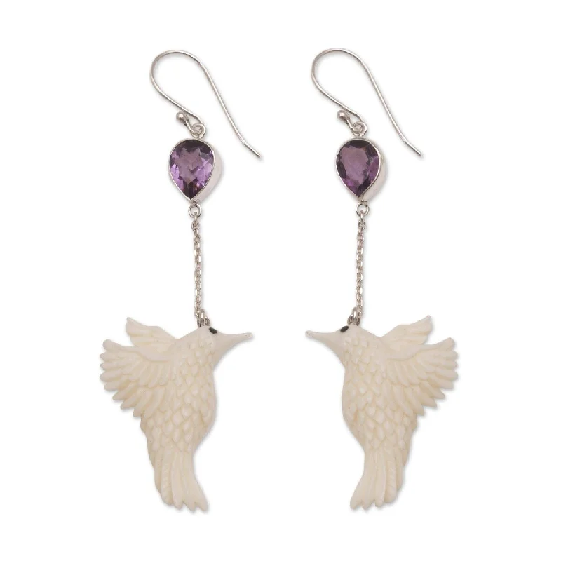 Three-gem earrings-NOVICA Dancing Hummingbirds, Amethyst dangle earrings - 2.9*0.9